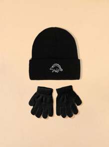 6pcs/2pcs Baby & Kid Dinosaur Print Knit Hat And Gloves Set, Warm And Cute Baby Hat And Fingerless Mittens, Suitable For Daily Outdoor Use In Autumn And Winter, Great As Birthday Gift For Son Or Daughter