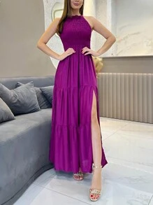 Elastek Elegant Slit Halter Neck Long Dress - Rosa Roja - Ver 2