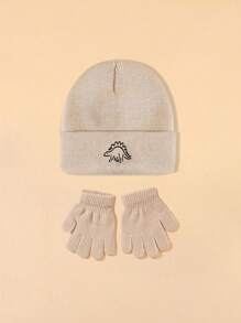 6pcs/2pcs Baby & Kid Dinosaur Print Knit Hat And Gloves Set, Warm And Cute Baby Hat And Fingerless Mittens, Suitable For Daily Outdoor Use In Autumn And Winter, Great As Birthday Gift For Son Or Daughter