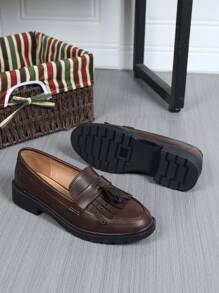Zapatos Oxford con flecos de estilo vintage británico versátiles para mujer, con suela gruesa y tacón ancho, mocasines de moda