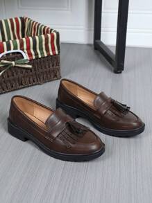 Zapatos Oxford con flecos de estilo vintage británico versátiles para mujer, con suela gruesa y tacón ancho, mocasines de moda