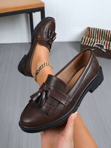 Zapatos Oxford con flecos de estilo vintage británico versátiles para mujer, con suela gruesa y tacón ancho, mocasines de moda