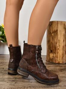 Women's Flat Comfortable Elegant Lace-Up Side Zipper Colorblock Ankle Boots, Retro British Versatile  Boots