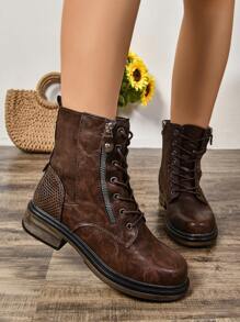 Women's Flat Comfortable Elegant Lace-Up Side Zipper Colorblock Ankle Boots, Retro British Versatile  Boots