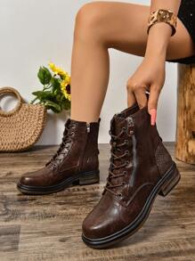 Women's Flat Comfortable Elegant Lace-Up Side Zipper Colorblock Ankle Boots, Retro British Versatile  Boots