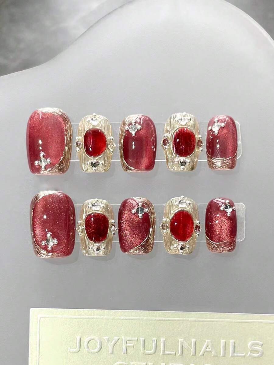10 件装复古优雅迷人短圆形红宝石猫眼按压指甲贴带果冻凝胶 - 紅色 - 查看 1