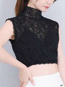 1入組花紋蕾絲假領，優雅內搭配假領，適用於日常生活 - 黑色 - 查看 4