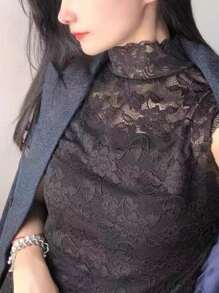 1入組花紋蕾絲假領，優雅內搭配假領，適用於日常生活 - 黑色 - 查看 3