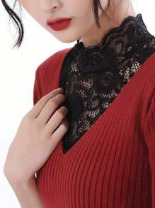 1入組花紋蕾絲假領，優雅內搭配假領，適用於日常生活 - 黑色 - 查看 1