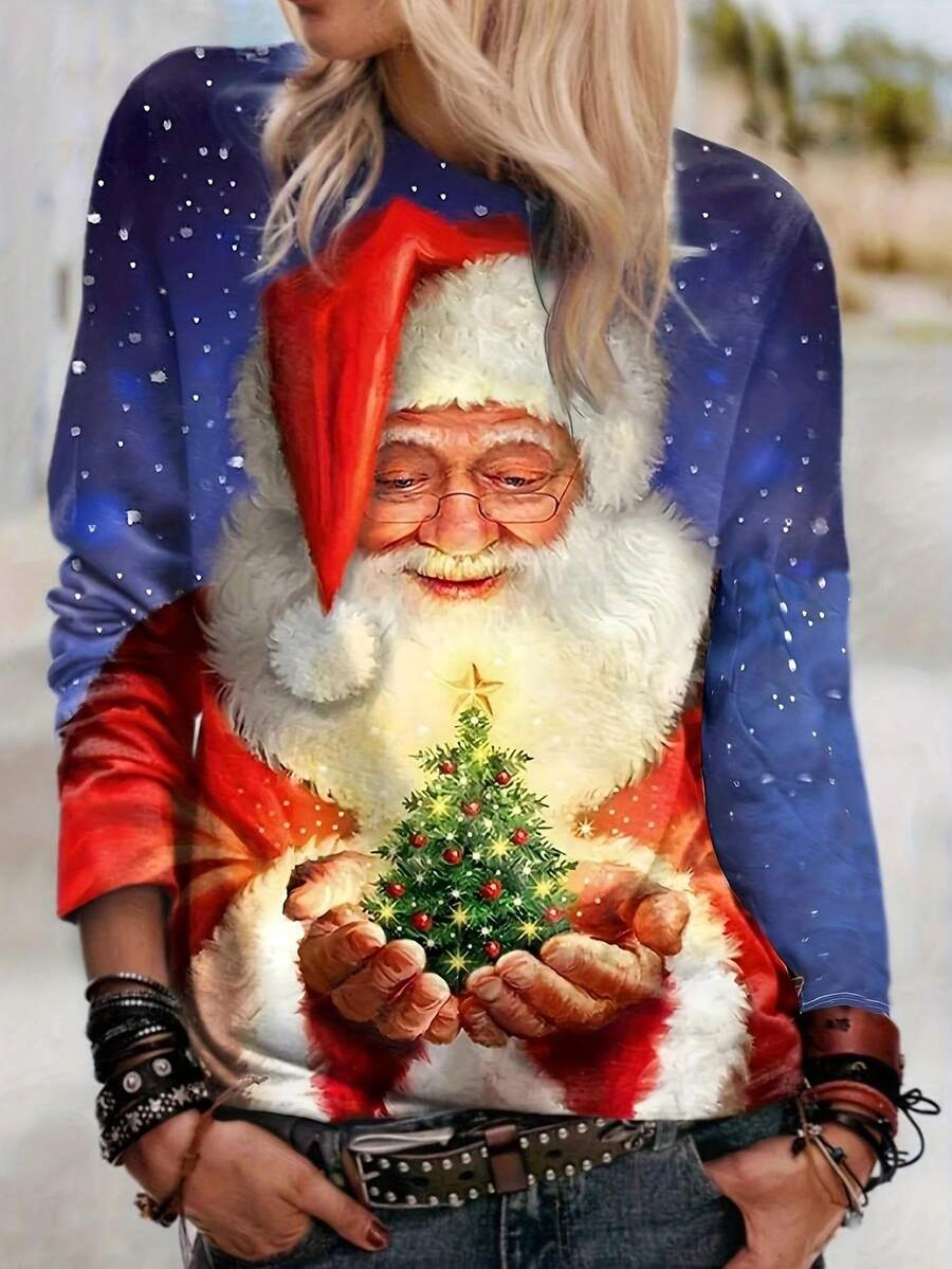 Plus Size Fashionable Print Christmas Long Sleeve T-Shirt - Multicolor - View 1