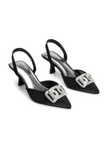 Women's Rhinestone Buckle Pointed Toe Kitten Heels Slingback Pumps Fashionable Satin Wedding/Prom/Party/Vacation Heeled Mules - 黑色 - 查看 7