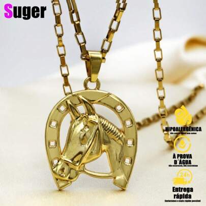 Corrente Masculina em Aço Ino Colar Feminino Banhados a Ouro 18K Pingente de Cabeça  Cavalo Folheado