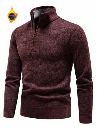 Korean Style Men's Quarter Zip Pullover Sweater, Casual Slim Fit Thermal Lined Thick Polo Neck Sweater, For Fall Winter