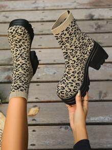 女士时尚厚底高筒靴、弹力紧身靴、高跟袜靴、踝靴、及膝靴、修身优雅高跟靴，颜色有黑色、卡其色和棕色 - 卡其豹紋色 - 查看 2