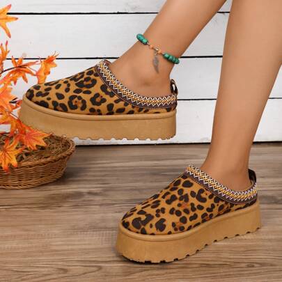 New Leopard Print Ankle Boots/Slippers For Women, Suitable For Outdoor & Commuting In Autumn/Winter Season