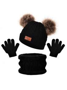 3 件套儿童针织套装：粗针织帽、围巾和手套套装，适合 3-8 岁男孩和女孩，温暖的冬季配饰 - 黑色 - 查看 2