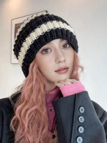 秋冬季复古条纹针织帽女加厚保暖贴边帽休闲无檐帽子男女户外防寒弹力宽松帽子