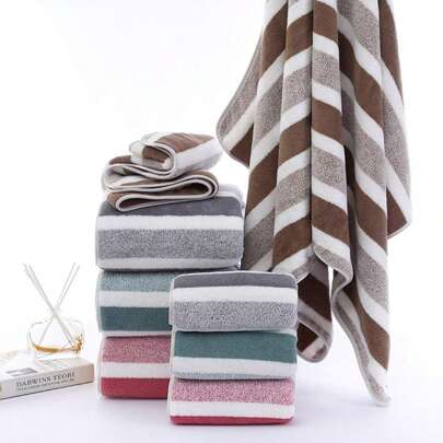 1 pieza Toalla de rayas de fibra súper absorbente, toalla de baño, toalla rectangular, toalla de playa para decoración del baño en el hogar, de vuelta a la escuela para salón de belleza, hogar, ducha, toallas para salón de belleza, hotel, deportes, artículos esenciales para el hogar, toalla, cuidado de la piel