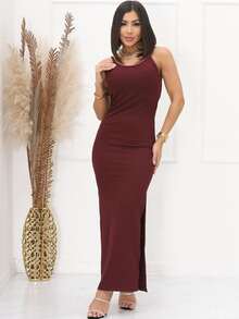 LONG RIBBED DRESS WITH STRAPS, SIDE SLIT, SUMMER FASHION, CASUAL STYLE. - Màu Tím - Xem 1