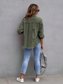 Women's Plus Size Plus-Size Ripped Denim Jacket Frayed Hem Button Front Boyfriend Jean Coat Western Shacket With Pockets - Army Green - View 3