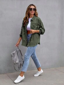 Women's Plus Size Plus-Size Ripped Denim Jacket Frayed Hem Button Front Boyfriend Jean Coat Western Shacket With Pockets - Army Green - View 4
