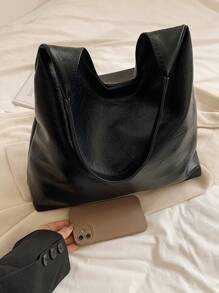 Extremely Simple And Slouchy Portable Large Armpit Bag, Soft And Versatile For Commuting, Casual Tote Bag - Black - View 4
