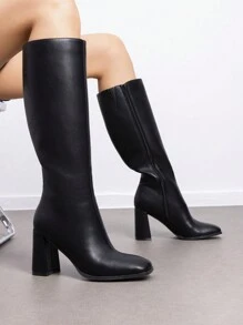 Women's Square Toe Gogo Boots Chunky Heel Classic Solid Color Knee High Boots With Side Zip Fashionable Tall Boots - 黑色/PU - 查看 8