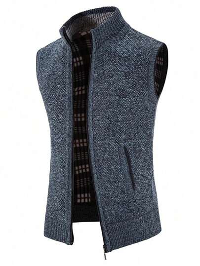 Korean Style Men's Casual Slim Fit Full Zip Knitted Sweater Vest, Thermal Lined Thick Cardigan Jacket With Pockets, For Fall Winter
