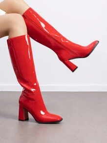 Women's Square Toe Gogo Boots Chunky Heel Classic Solid Color Knee High Boots With Side Zip Fashionable Tall Boots - 紅色 - 查看 8
