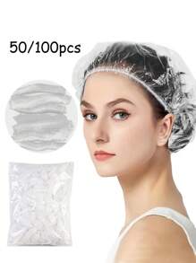 100pcs Disposable Shower Caps, Clear Plastic Hair Caps, Bonnet, Shower Cap, Shower Accessories, Bathroom Accessories, Bathroom, Cheap, Waterproof Elastic Bathing Caps For Hair Treatment, Hair Dye, Spa, Hotel, Travel & Home Use, Back To School Essentials - White - View 1