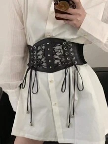 1 件女式文艺复兴配饰黑色弹性腰带紧身胸衣蕾丝网眼性感腰带，适合万圣节派对或日常穿着