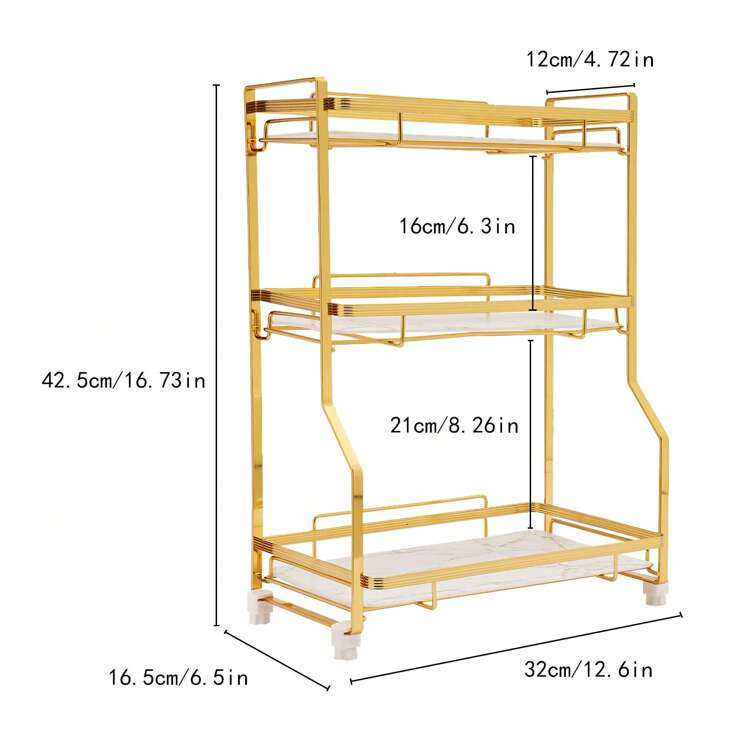 Kệ để đồ trên mặt bàn phòng tắm 3 tầng Giá để đồ trên mặt bàn phòng tắm Trang trí phòng tắm Nhà Tổ chức phòng tắm Mùa hè Trở lại trường - Vàng - Xem 2