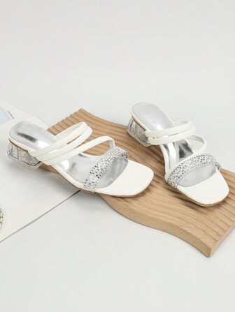 Plus Size & Width Thick Heel Women Crystal Decor Clear Strap Mid-Heel Sandals, Comfortable Wear