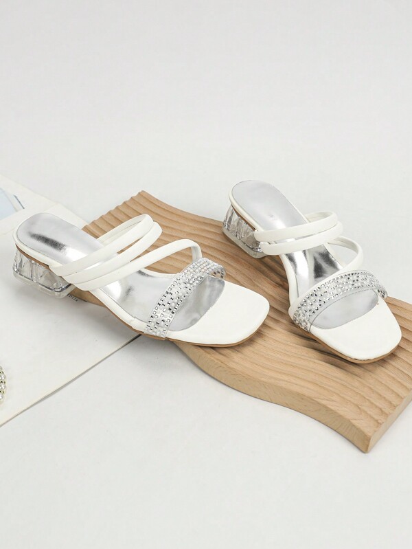 Plus Size & Width Thick Heel Women Crystal Decor Clear Strap Mid-Heel Sandals, Comfortable Wear