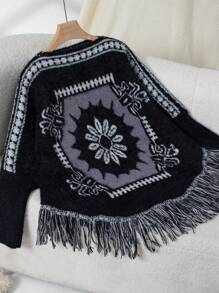 1pc Women's Jacquard Knit Fringe Pullover, Warm And Fashionable For Daily Wear And Vacation