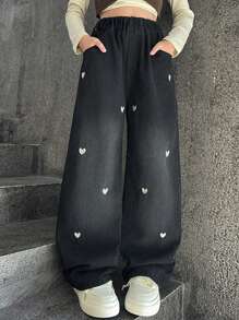 Tween Girls' Heart Print Broderade Jeans med breda ben - Blå - Visa 3