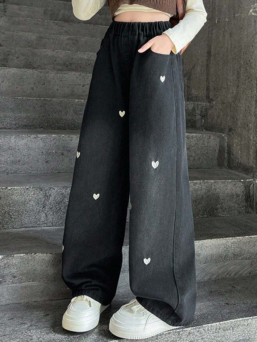 Tween Girls' Heart Print Broderade Jeans med breda ben - Blå - Visa 1