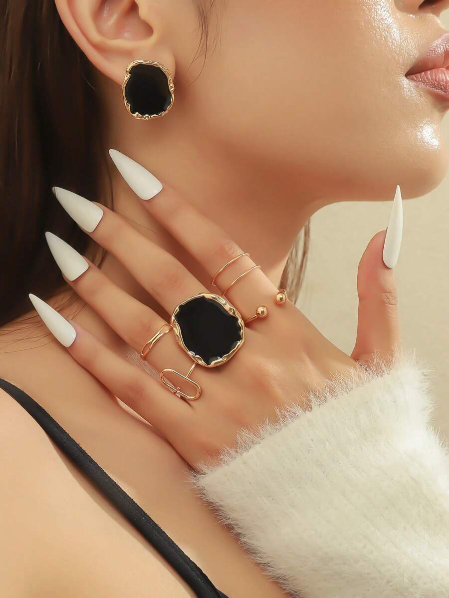 7 peças Conjunto de Joias de Anéis e Brincos com Formato de Rocha Vulcânica Preta para Mulheres, Acessórios Multiuso para Uso Casual/Festa/Evento
