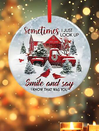 1 pezzo Decorazione per albero di Natale, ornamento da appendere in ricordo di mamma o papà, regalo per la perdita di un genitore, decorazione rotonda in acrilico a forma di camioncino rosso per l'albero di Natale, regali per parenti, amici e familiari, Natale