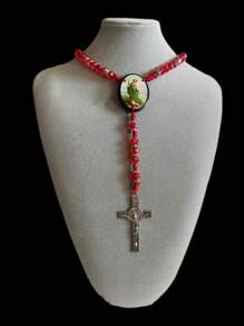 Katholische Halskette mit Heiliger Judas Grüne Kristall Perlen, Kreuz Anhänger und Heiliger Benedikt Holz Anhänger, Katholischer Schmuck