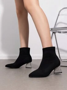 DREAM PAIRS Women Rhinestone Decor Valentines Day Point Toe Chunky Heeled Classic Glamorous Slip-On Ankel Boots For Women With Rhinestone Heel & Pointed Toe Elegant Basics Business Casual Business Chic Halloween Valentines