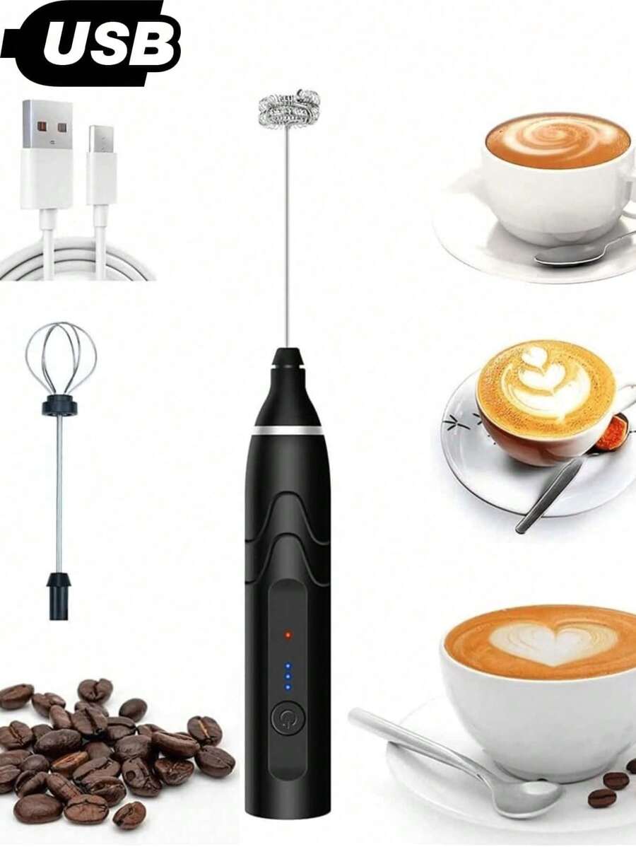 迷你便携式搅拌机饮料搅拌器打蛋器牛奶起泡器 USB 可充电厨房咖啡厅鸡蛋 - 黑色 - 查看 1