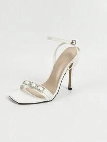 女士新款水钻扣装饰踝带尖头高跟凉鞋，白色 - 白色 - 查看 7