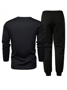 2 pezzi Set di Maglietta a maniche lunghe e pantaloni della tuta da uomo, vestibilità regolare, per primavera e autunno, con stampa grafica, casual e comodo, con tasche e vita con cordini