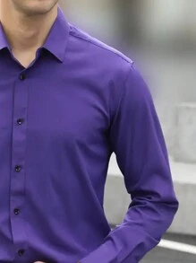 Camisa de vestir casual de negocios de manga larga y color morado sólido para hombre - Morado - Ver 4