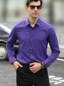 Camisa de vestir casual de negocios de manga larga y color morado sólido para hombre - Morado - Ver 3