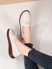 Ladies' Bowknot Flat Loafers, Solid Color Slip-On Soft Bottom Shoes, Casual Everyday Flats