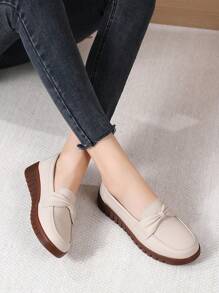 Ladies' Bowknot Flat Loafers, Solid Color Slip-On Soft Bottom Shoes, Casual Everyday Flats