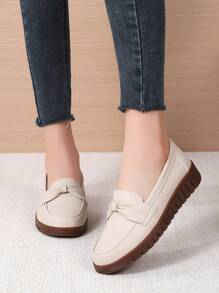 Ladies' Bowknot Flat Loafers, Solid Color Slip-On Soft Bottom Shoes, Casual Everyday Flats