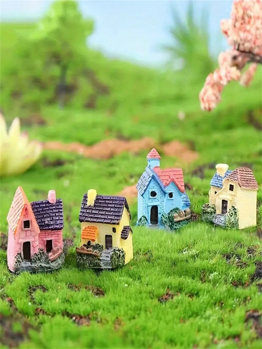 4 Pieces Of Mini Villa Small House Resin Statues - Very Suitable For DIY Fairy Garden, Bonsai Succulent Planting And Glass Container Flower Pot Decoration! - Multicolor - View 1